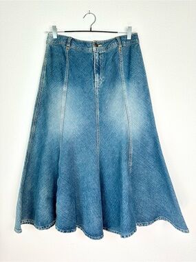 VTG Y2K Live A Little Blue Denim Flared Long Trumpet Button Fly Jean Skirt 10